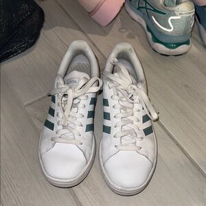Adidas White Shoes with Dark Green Accents